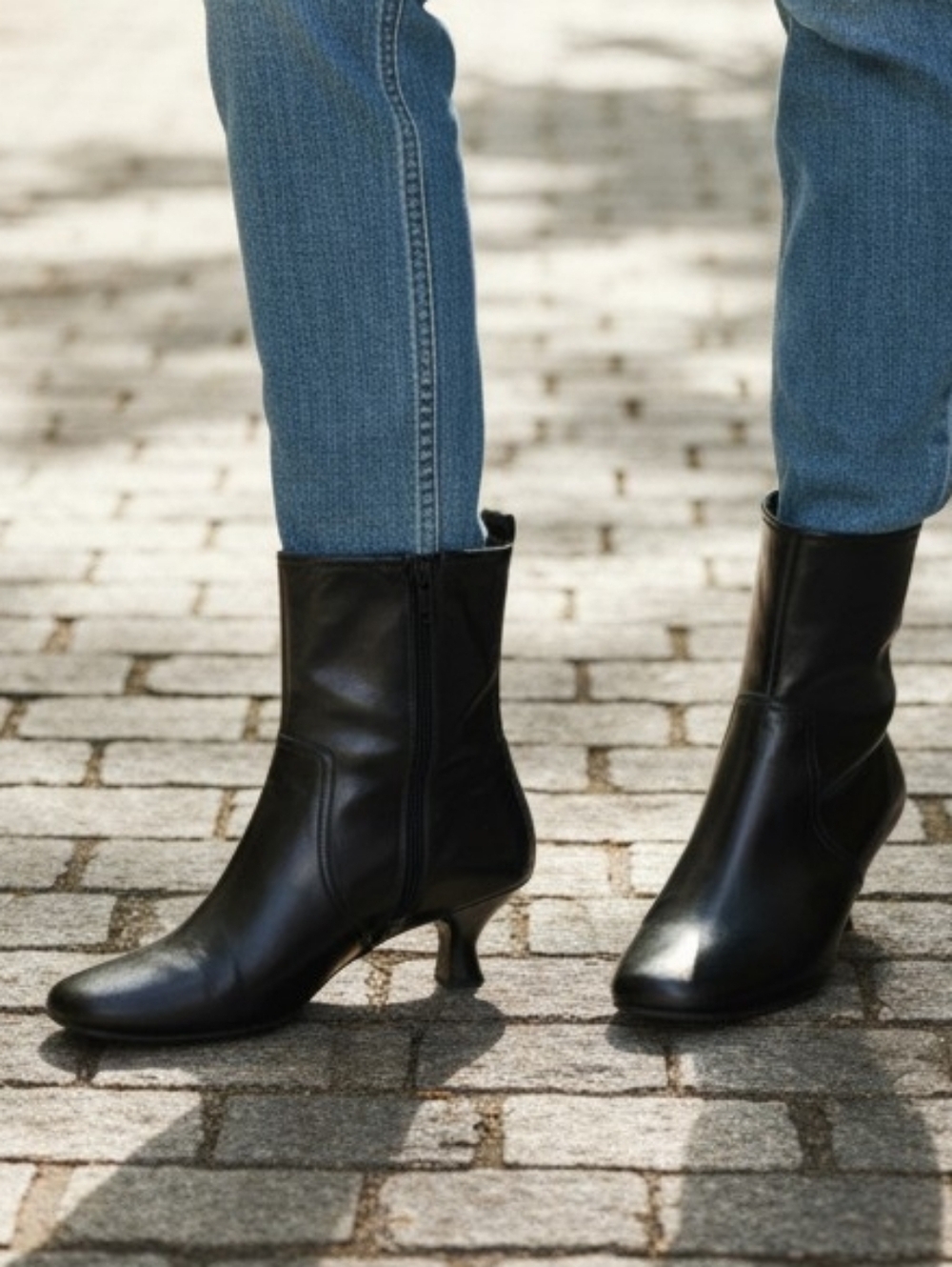 Kenneth Cole Black Leather Mid-Calf Kitten Heel Boots